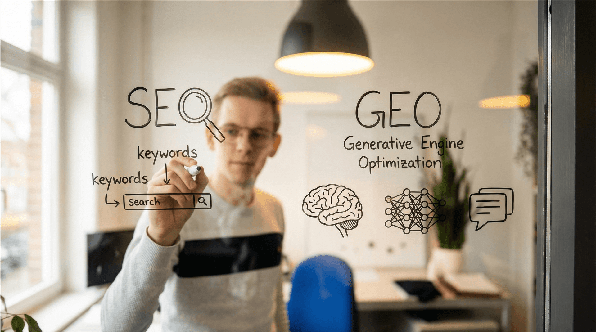 SEO en GEO concepten op een glazen whiteboard in een kantooromgeving