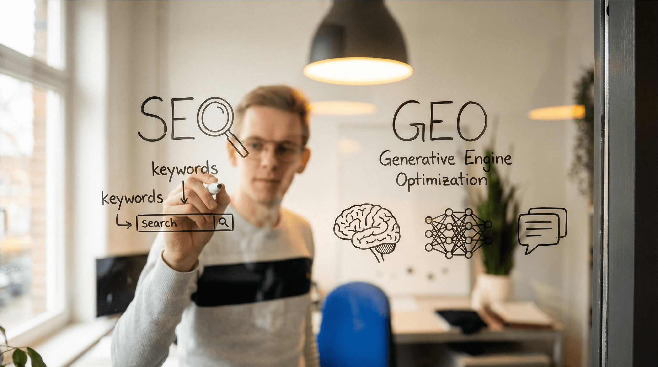SEO en GEO concepten op een glazen whiteboard in een kantooromgeving